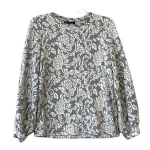 Indigo Poppy Top Womens Medium Gray White Floral Balloon Sleeve Jacquard Stretch